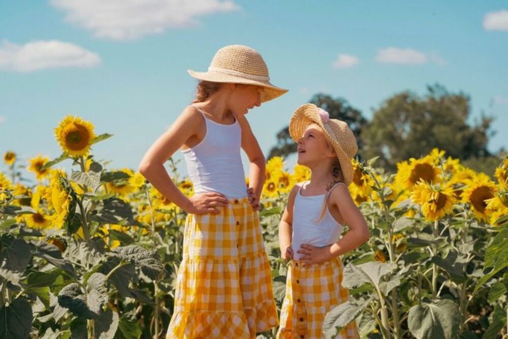 Girls in summer dresses in the sunflowers